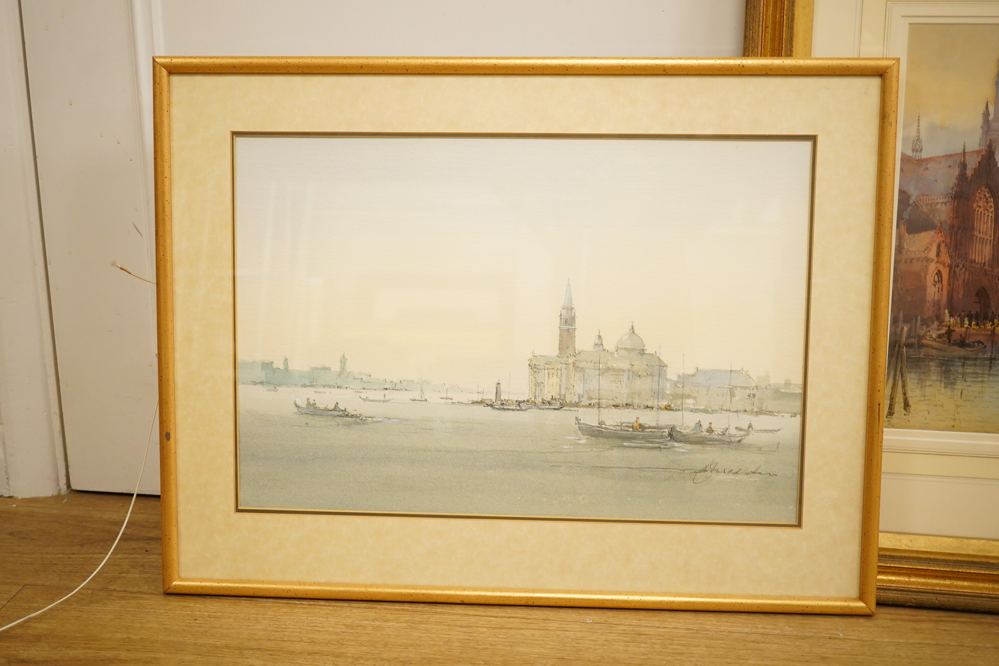 Three watercolours to include Alan Middleton, 'San Giorgio Maggiore, Venice' and another by a different hand, 'On the return of the Barque', largest 33 x 46cm. Condition - good